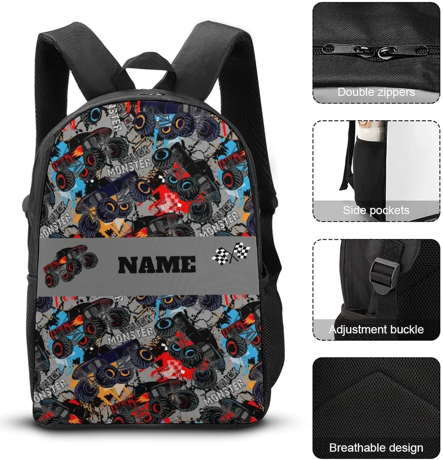 Custom Colorful Cartoon Car Backpack Personalized 3 Piece Set Backpack with Your Name Text School Bag Customized Bookbag with Lunch Box and Pencil Case Set for Boys Girls Student