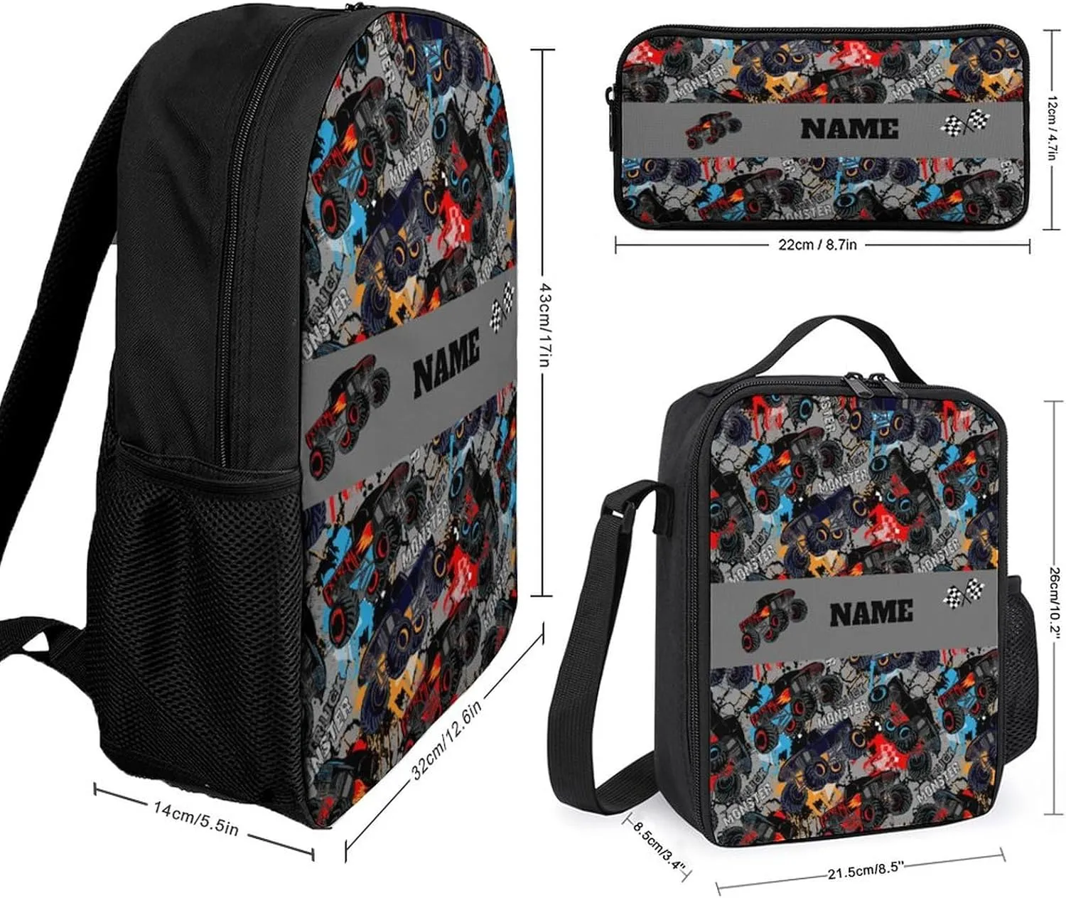 Custom Colorful Cartoon Car Backpack Personalized 3 Piece Set Backpack with Your Name Text School Bag Customized Bookbag with Lunch Box and Pencil Case Set for Boys Girls Student