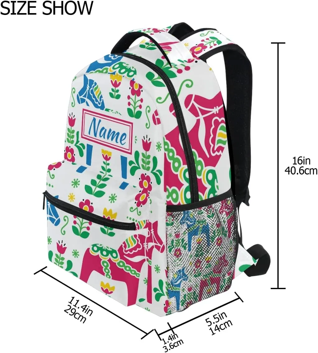 Custom Dala Horse School Backpack Personalized Your Name Text Bookbag for Boys Girls Teens Casual Travel Bag Computer Laptop Daypack