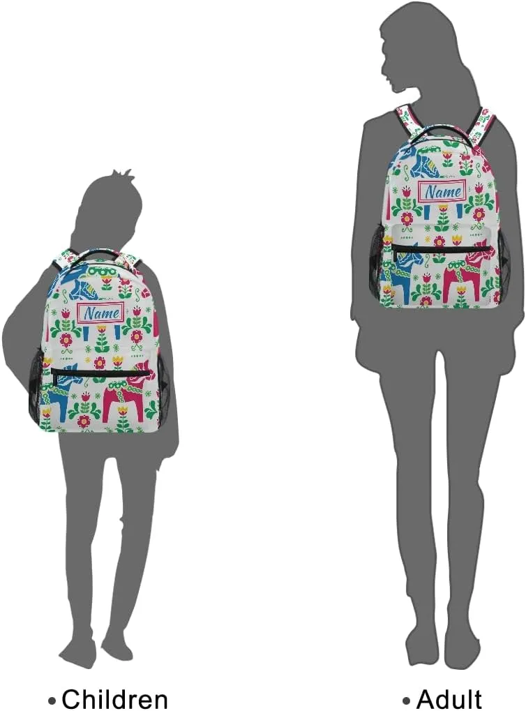 Custom Dala Horse School Backpack Personalized Your Name Text Bookbag for Boys Girls Teens Casual Travel Bag Computer Laptop Daypack