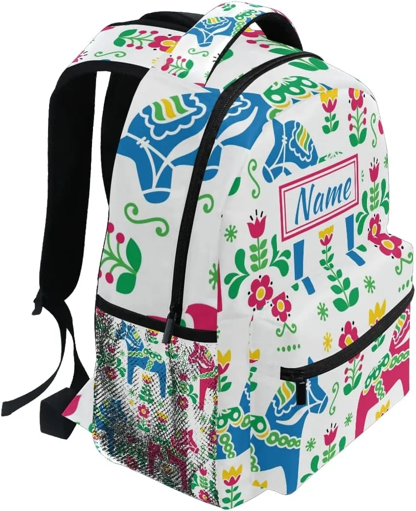 Custom Dala Horse School Backpack Personalized Your Name Text Bookbag for Boys Girls Teens Casual Travel Bag Computer Laptop Daypack