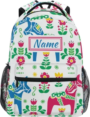 Custom Dala Horse School Backpack Personalized Your Name Text Bookbag for Boys Girls Teens Casual Travel Bag Computer Laptop Daypack
