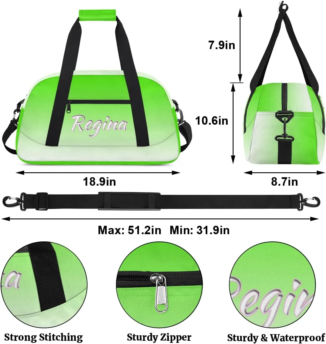 Custom Dance Bag Personalized Duffel Dance Bag Gymnastics Sport Bag Waterproof Carry on Travel Bag Overnight Weekender Bags, Light Green Gradient