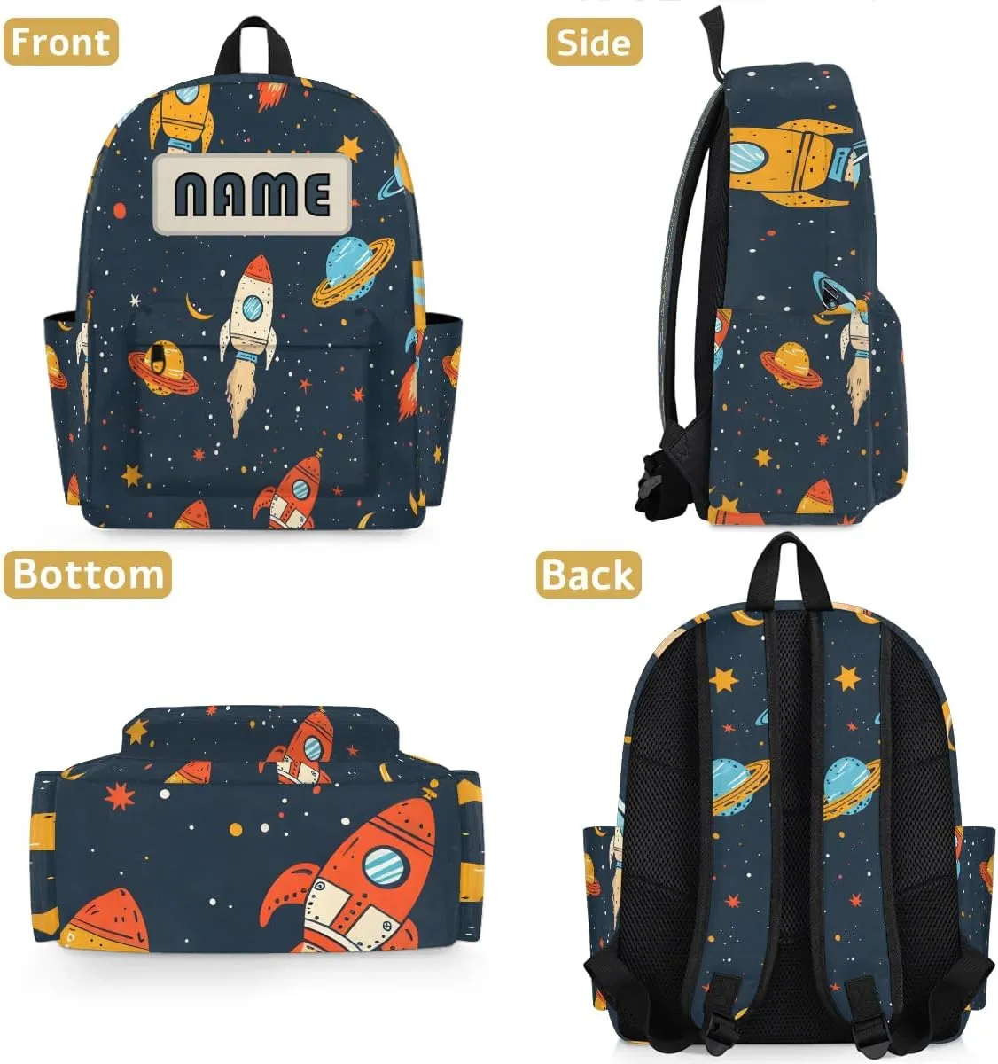 Custom Galaxy Rocket Plant Backpack for Boys Girls, Personalized Schoolbag with Your Name, Bookbag for Kids Back to School Travel Picnic 15 Inch