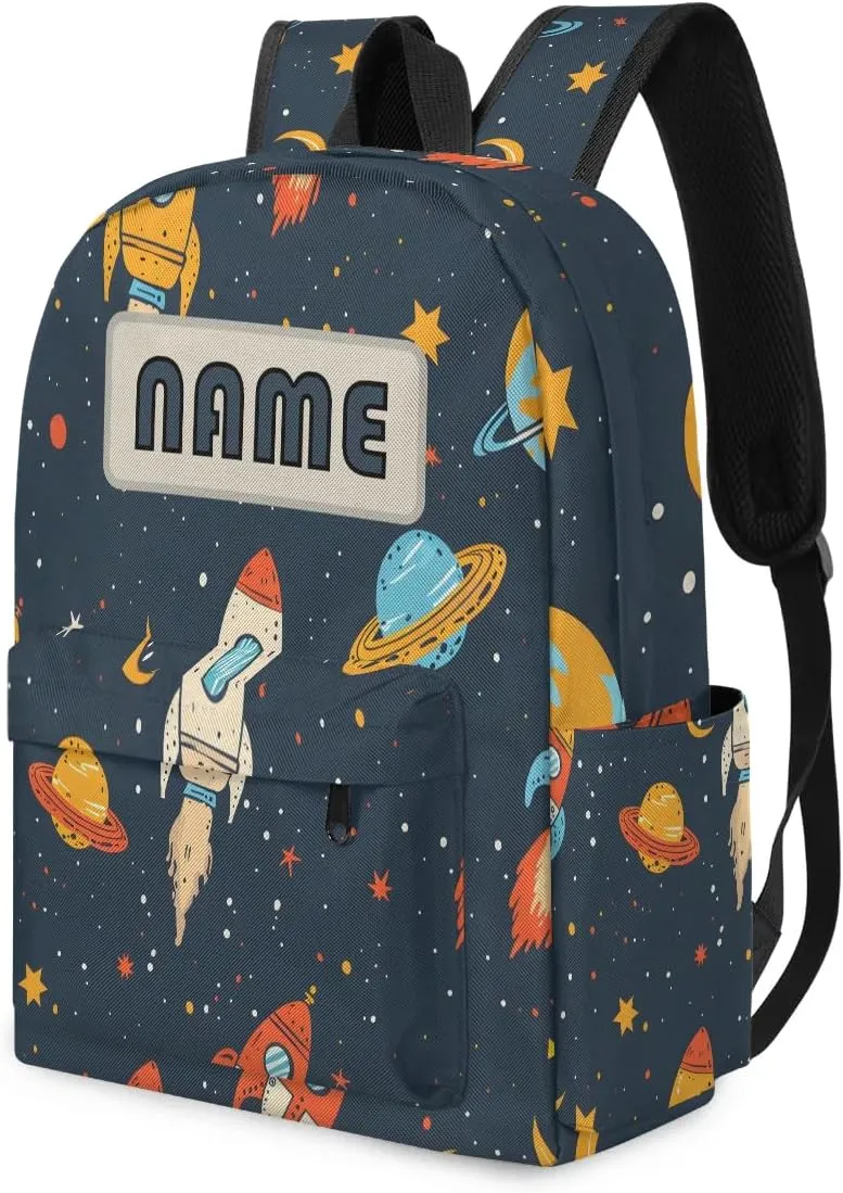 Custom Galaxy Rocket Plant Backpack for Boys Girls, Personalized Schoolbag with Your Name, Bookbag for Kids Back to School Travel Picnic 15 Inch