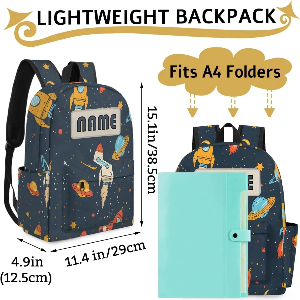 Custom Galaxy Rocket Plant Backpack for Boys Girls, Personalized Schoolbag with Your Name, Bookbag for Kids Back to School Travel Picnic 15 Inch