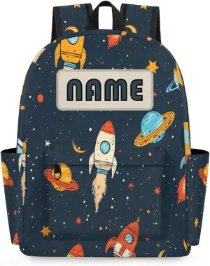 Custom Galaxy Rocket Plant Backpack for Boys Girls, Personalized Schoolbag with Your Name, Bookbag for Kids Back to School Travel Picnic 15 Inch