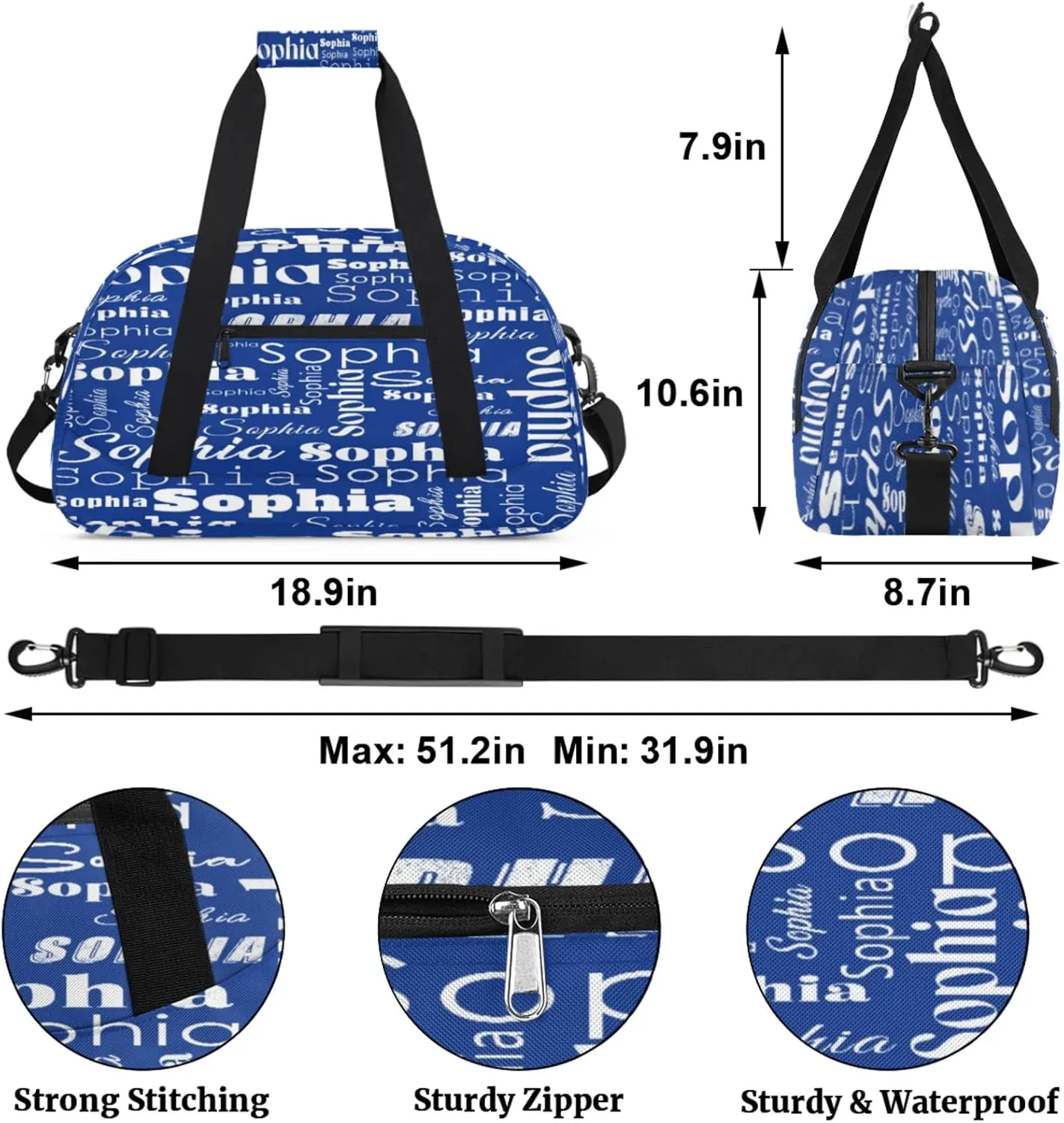Custom Gym Duffel Bag for Women Men, Personalized Name Sport Bag Overnight Bags Customized Travel Weekender Bag, Cobalt Blue