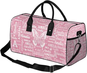 Custom Name Sport Duffel Bag with Butterfly, Personalized Initial Gym Bag for Women, Custom Travel Tote Bags for Dance Cheer, Overnight Weekender Bags, Light Pink