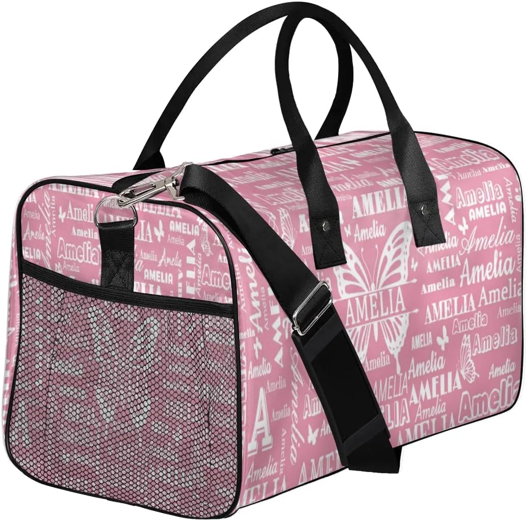 Custom Name Sport Duffel Bag with Butterfly, Personalized Initial Gym Bag for Women, Custom Travel Tote Bags for Dance Cheer, Overnight Weekender Bags, Light Pink