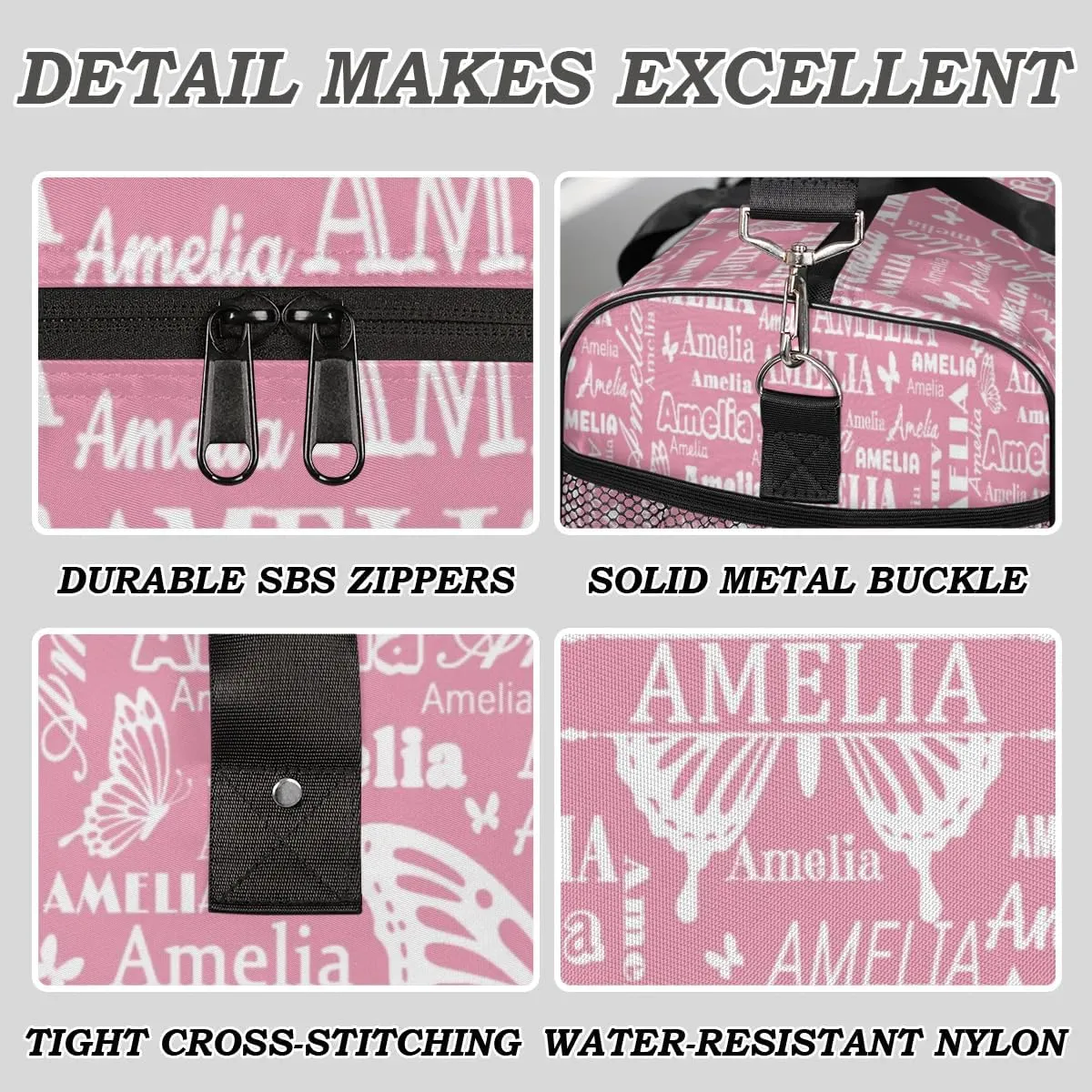 Custom Name Sport Duffel Bag with Butterfly, Personalized Initial Gym Bag for Women, Custom Travel Tote Bags for Dance Cheer, Overnight Weekender Bags, Light Pink
