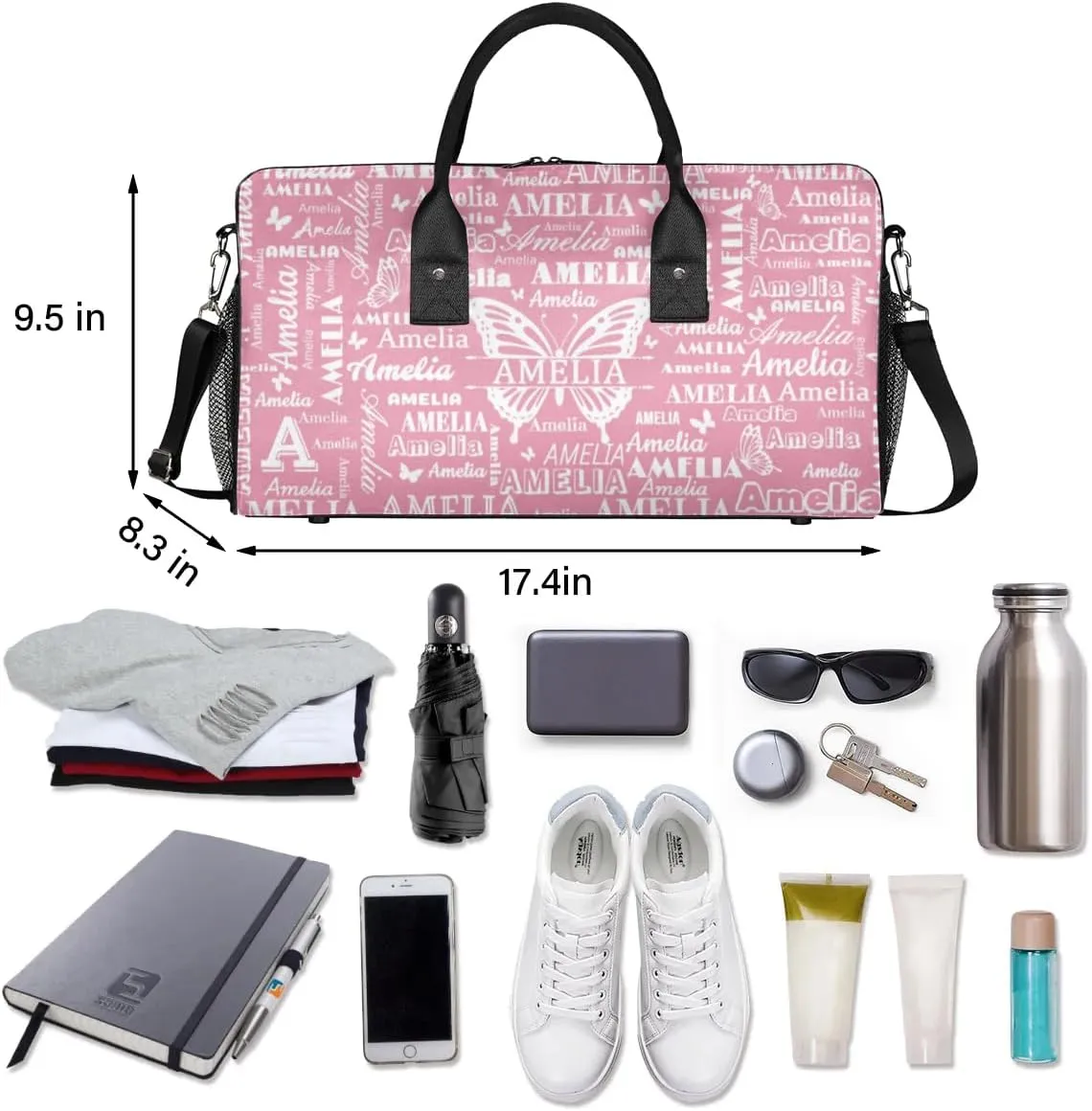 Custom Name Sport Duffel Bag with Butterfly, Personalized Initial Gym Bag for Women, Custom Travel Tote Bags for Dance Cheer, Overnight Weekender Bags, Light Pink