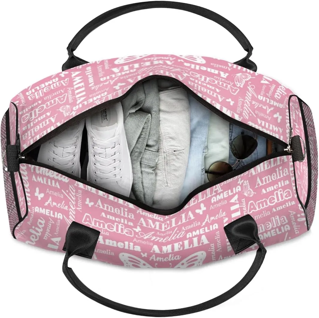 Custom Name Sport Duffel Bag with Butterfly, Personalized Initial Gym Bag for Women, Custom Travel Tote Bags for Dance Cheer, Overnight Weekender Bags, Light Pink