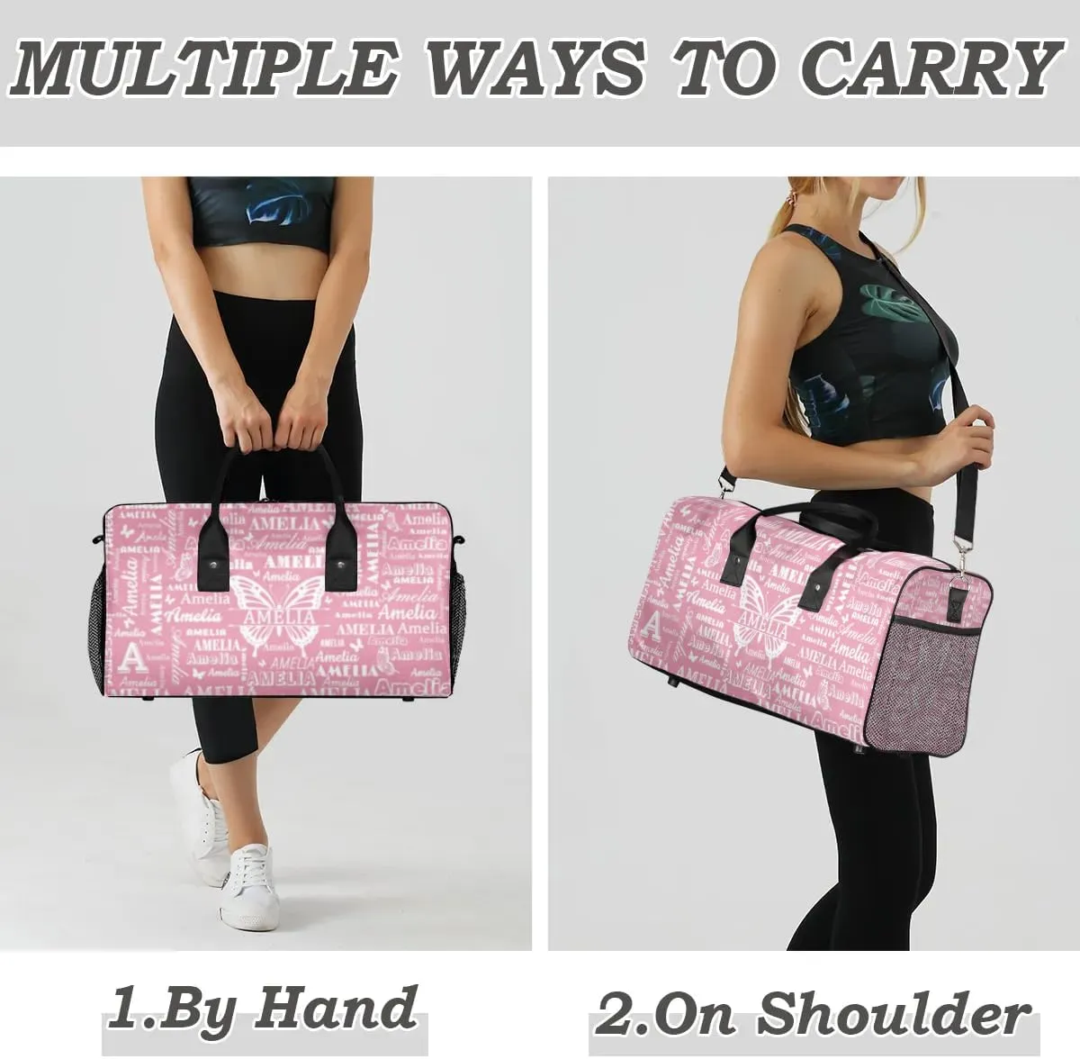 Custom Name Sport Duffel Bag with Butterfly, Personalized Initial Gym Bag for Women, Custom Travel Tote Bags for Dance Cheer, Overnight Weekender Bags, Light Pink