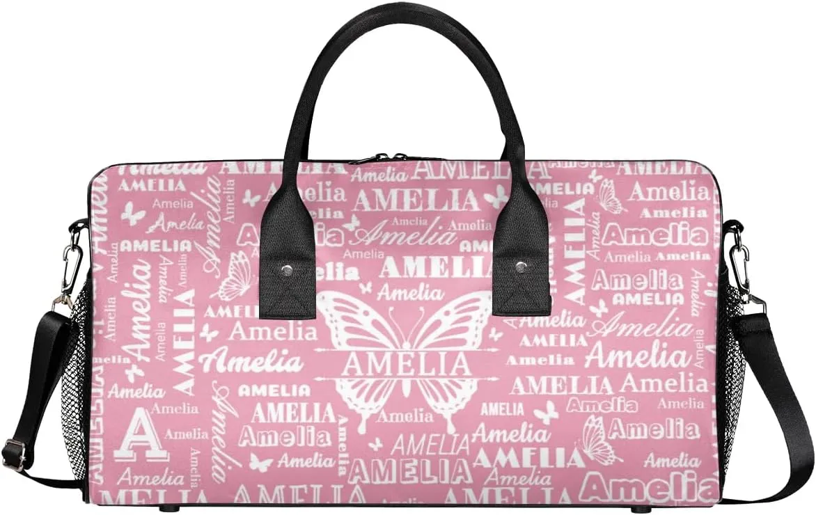 Custom Name Sport Duffel Bag with Butterfly, Personalized Initial Gym Bag for Women, Custom Travel Tote Bags for Dance Cheer, Overnight Weekender Bags, Light Pink