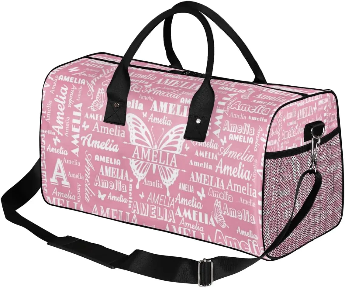 Custom Name Sport Duffel Bag with Butterfly, Personalized Initial Gym Bag for Women, Custom Travel Tote Bags for Dance Cheer, Overnight Weekender Bags, Light Pink