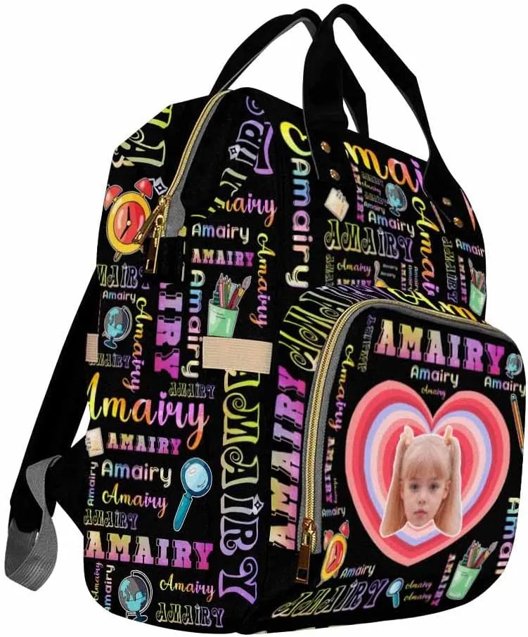 Custom Photo Bag Backpack for Baby Boy Girl Personalized Cartoon Pattern Travel Outdoor Mommy Backpack with Baby's Name Customized Nursing Bags Shoulders Bag Gift for New Mom Dad