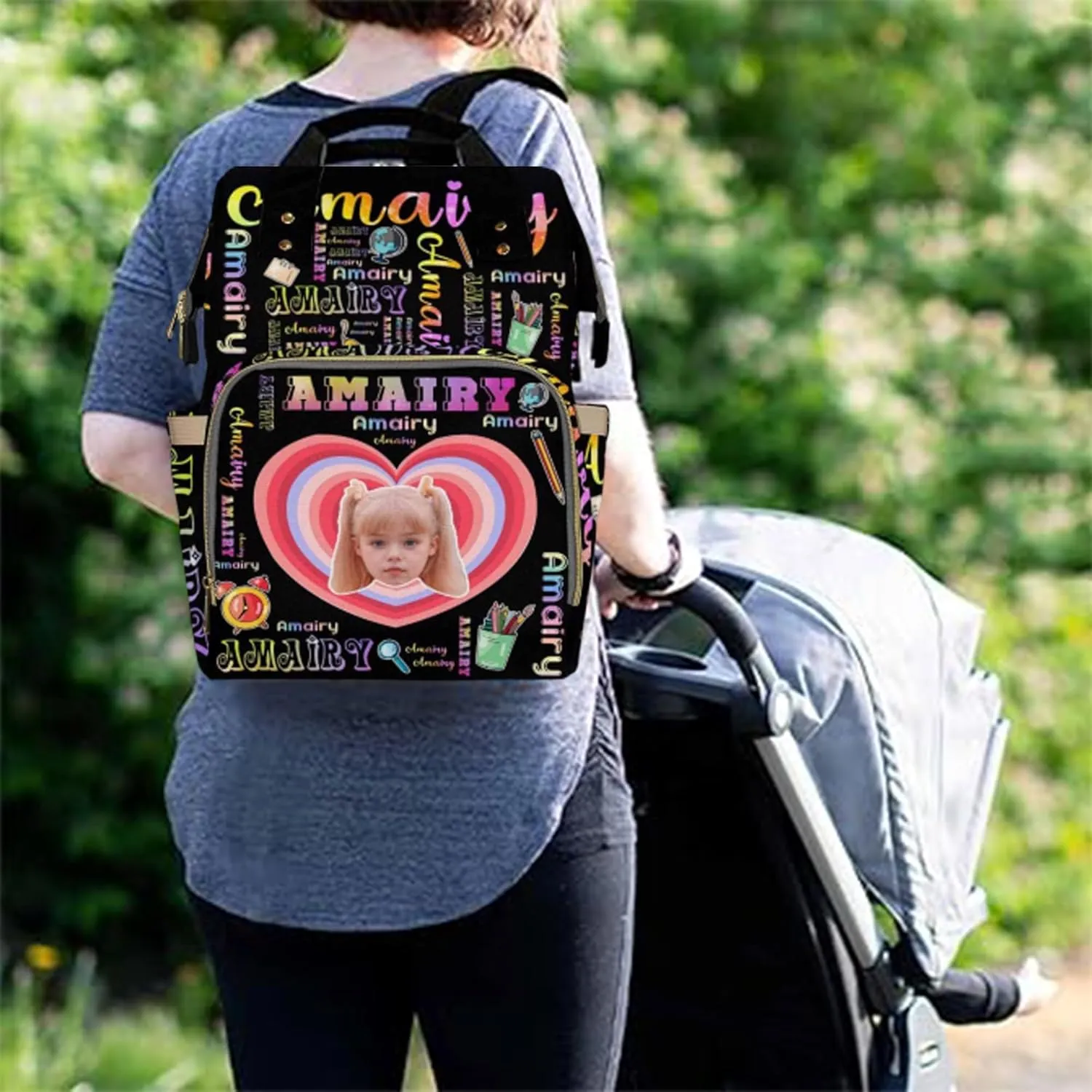 Custom Photo Bag Backpack for Baby Boy Girl Personalized Cartoon Pattern Travel Outdoor Mommy Backpack with Baby's Name Customized Nursing Bags Shoulders Bag Gift for New Mom Dad