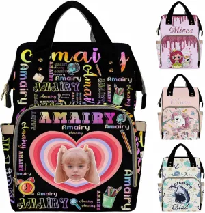 Custom Photo Bag Backpack for Baby Boy Girl Personalized Cartoon Pattern Travel Outdoor Mommy Backpack with Baby's Name Customized Nursing Bags Shoulders Bag Gift for New Mom Dad