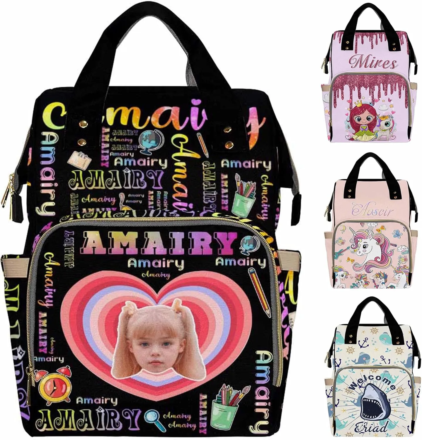 Custom Photo Bag Backpack for Baby Boy Girl Personalized Cartoon Pattern Travel Outdoor Mommy Backpack with Baby's Name Customized Nursing Bags Shoulders Bag Gift for New Mom Dad