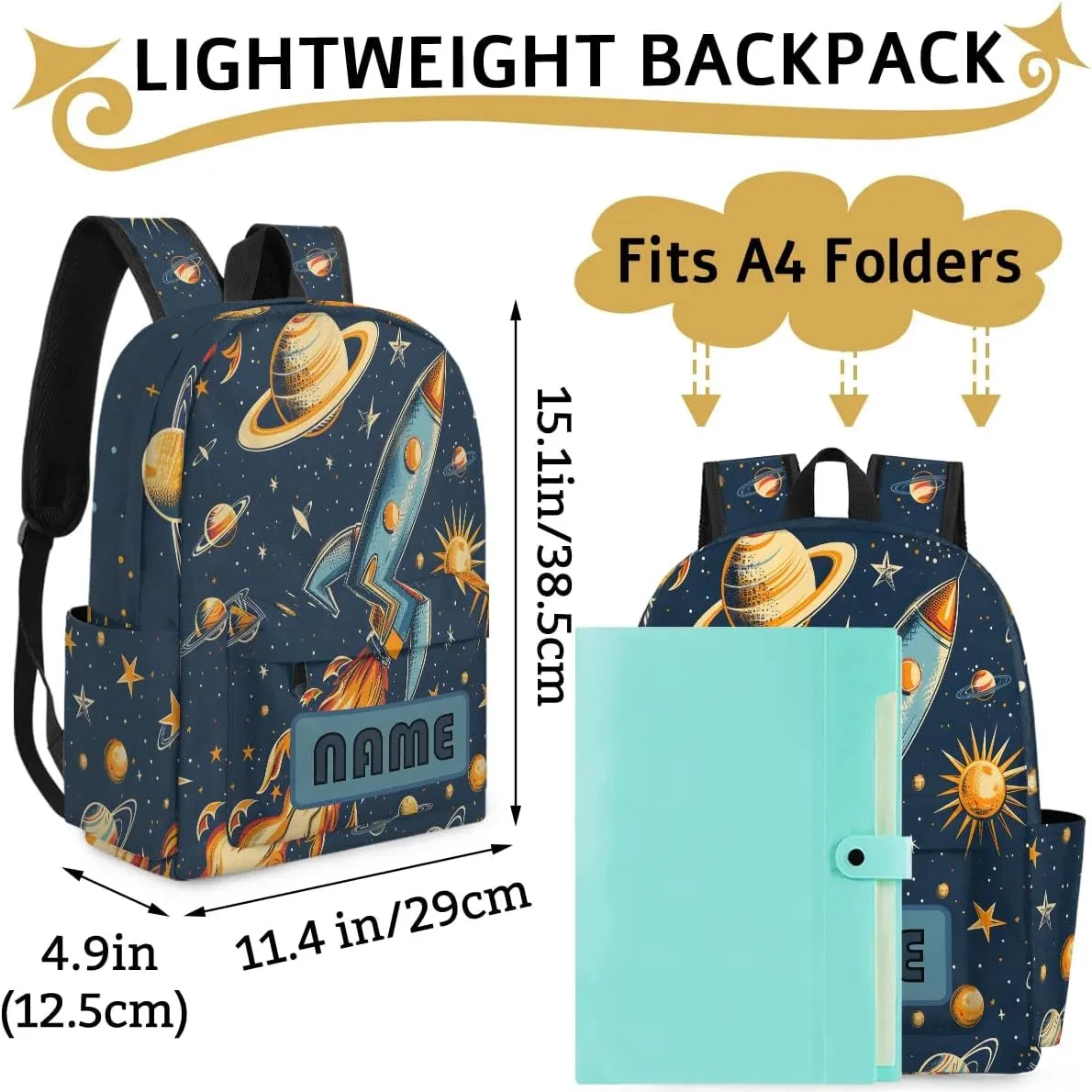 Custom Rocket Launch Backpack for Boys Girls, Personalized Schoolbag with Your Name, Bookbag for Kids Back to School Travel Picnic 15 Inch