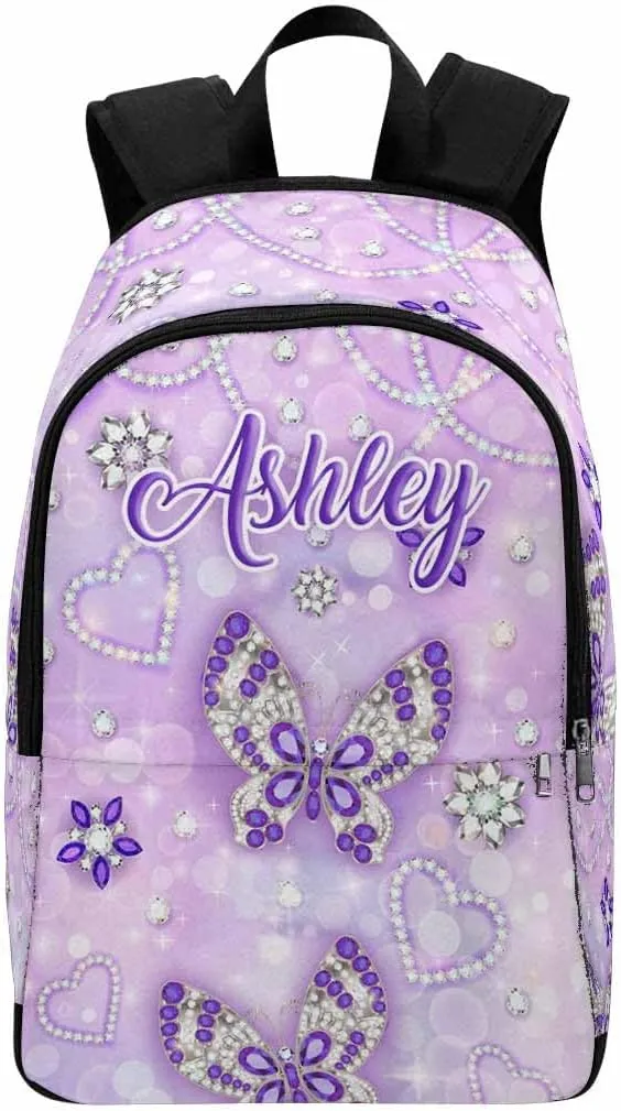 Custom School Bags for Girls Butterfly Diamond Pattern Personalized Backpack with Name Bookbag Elementary Primary School Bags Rucksack High College Book Back Packs for Kids Teens Back to School Gifts