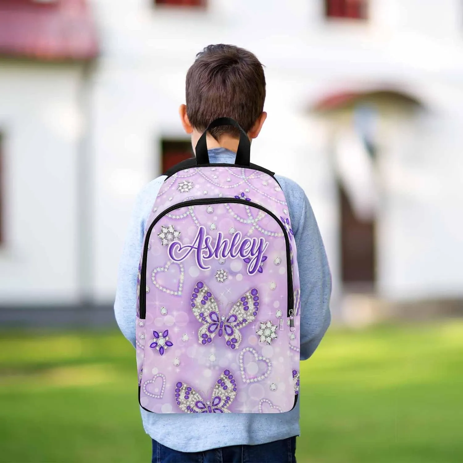 Custom School Bags for Girls Butterfly Diamond Pattern Personalized Backpack with Name Bookbag Elementary Primary School Bags Rucksack High College Book Back Packs for Kids Teens Back to School Gifts