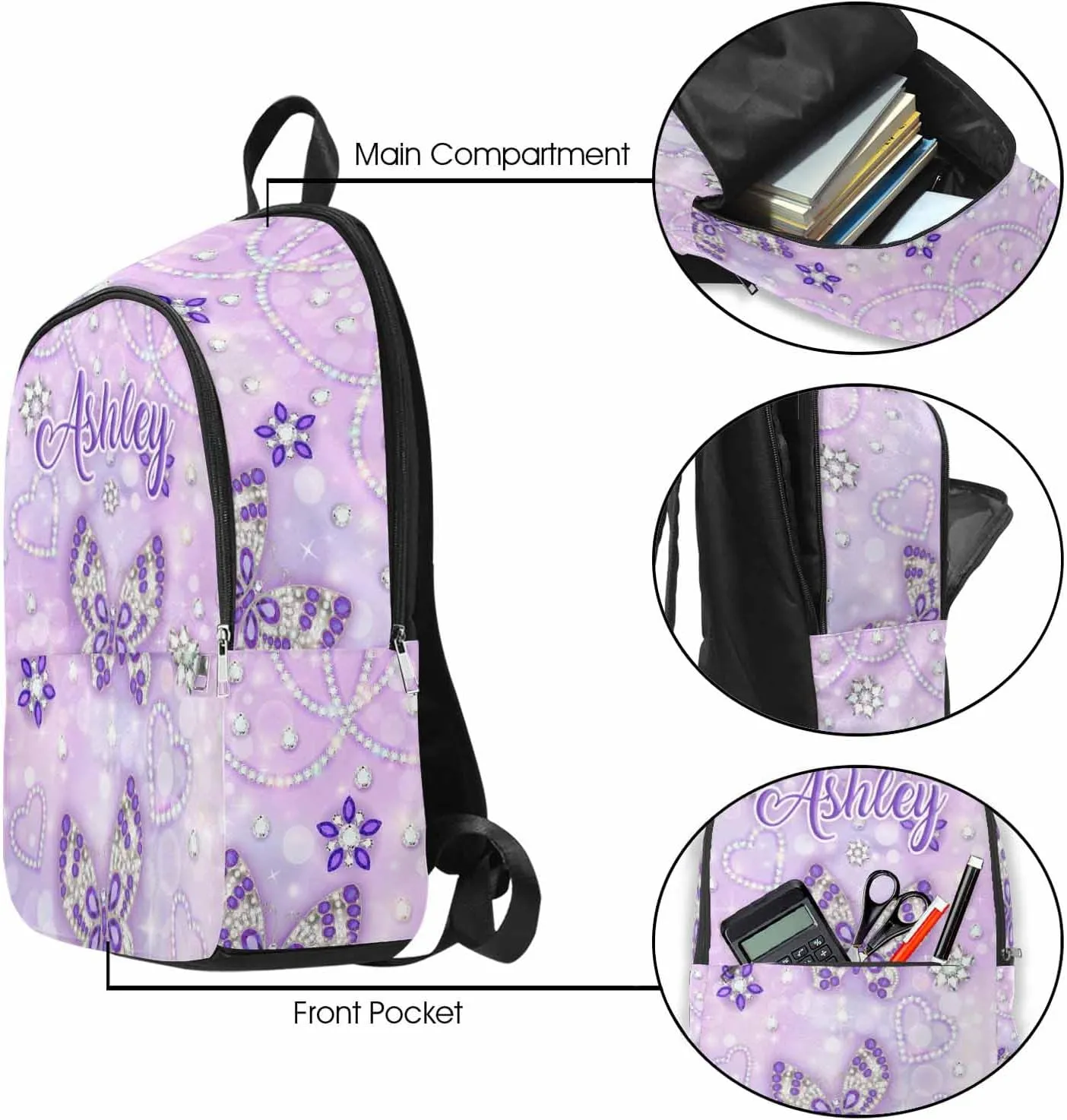 Custom School Bags for Girls Butterfly Diamond Pattern Personalized Backpack with Name Bookbag Elementary Primary School Bags Rucksack High College Book Back Packs for Kids Teens Back to School Gifts