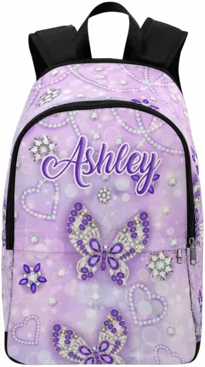 Custom School Bags for Girls Butterfly Diamond Pattern Personalized Backpack with Name Bookbag Elementary Primary School Bags Rucksack High College Book Back Packs for Kids Teens Back to School Gifts