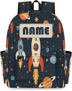 Custom Space Rockets Galaxy Backpack for Boys Girls, Personalized Schoolbag with Your Name, Bookbag for Kids Back to School Travel Picnic 15 Inch