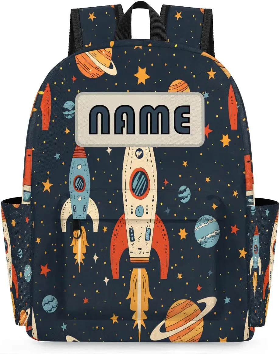 Custom Space Rockets Galaxy Backpack for Boys Girls, Personalized Schoolbag with Your Name, Bookbag for Kids Back to School Travel Picnic 15 Inch
