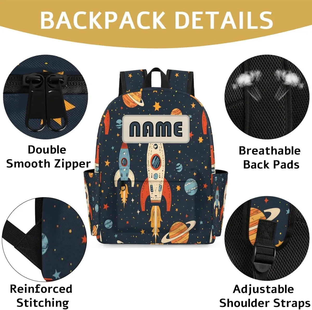 Custom Space Rockets Galaxy Backpack for Boys Girls, Personalized Schoolbag with Your Name, Bookbag for Kids Back to School Travel Picnic 15 Inch