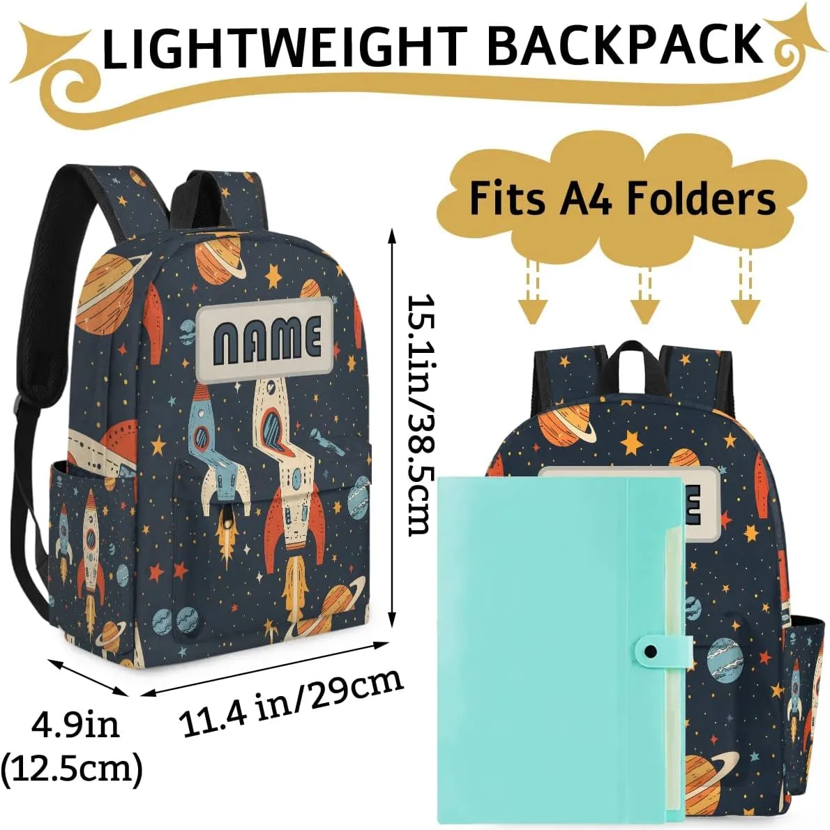 Custom Space Rockets Galaxy Backpack for Boys Girls, Personalized Schoolbag with Your Name, Bookbag for Kids Back to School Travel Picnic 15 Inch