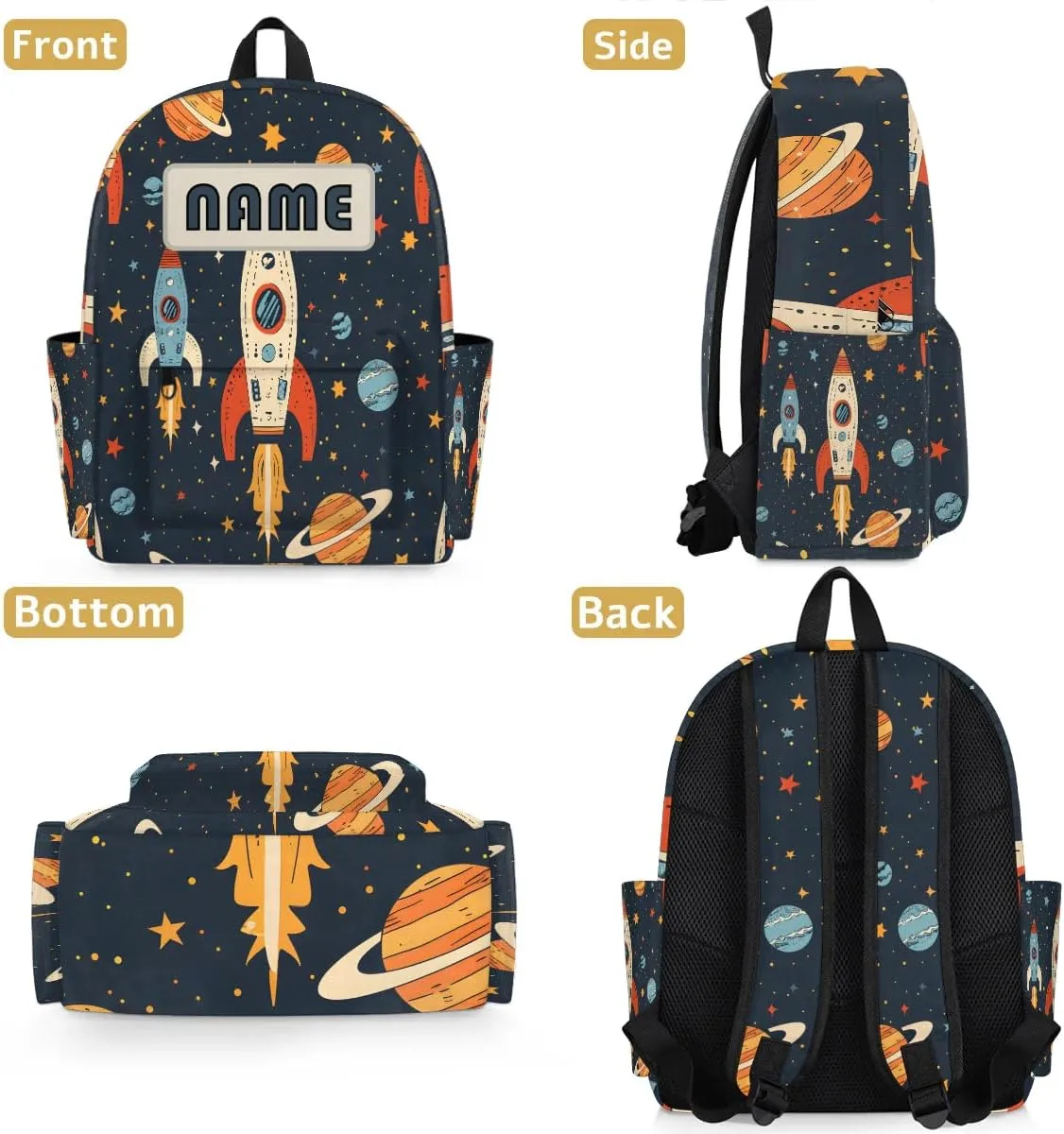 Custom Space Rockets Galaxy Backpack for Boys Girls, Personalized Schoolbag with Your Name, Bookbag for Kids Back to School Travel Picnic 15 Inch
