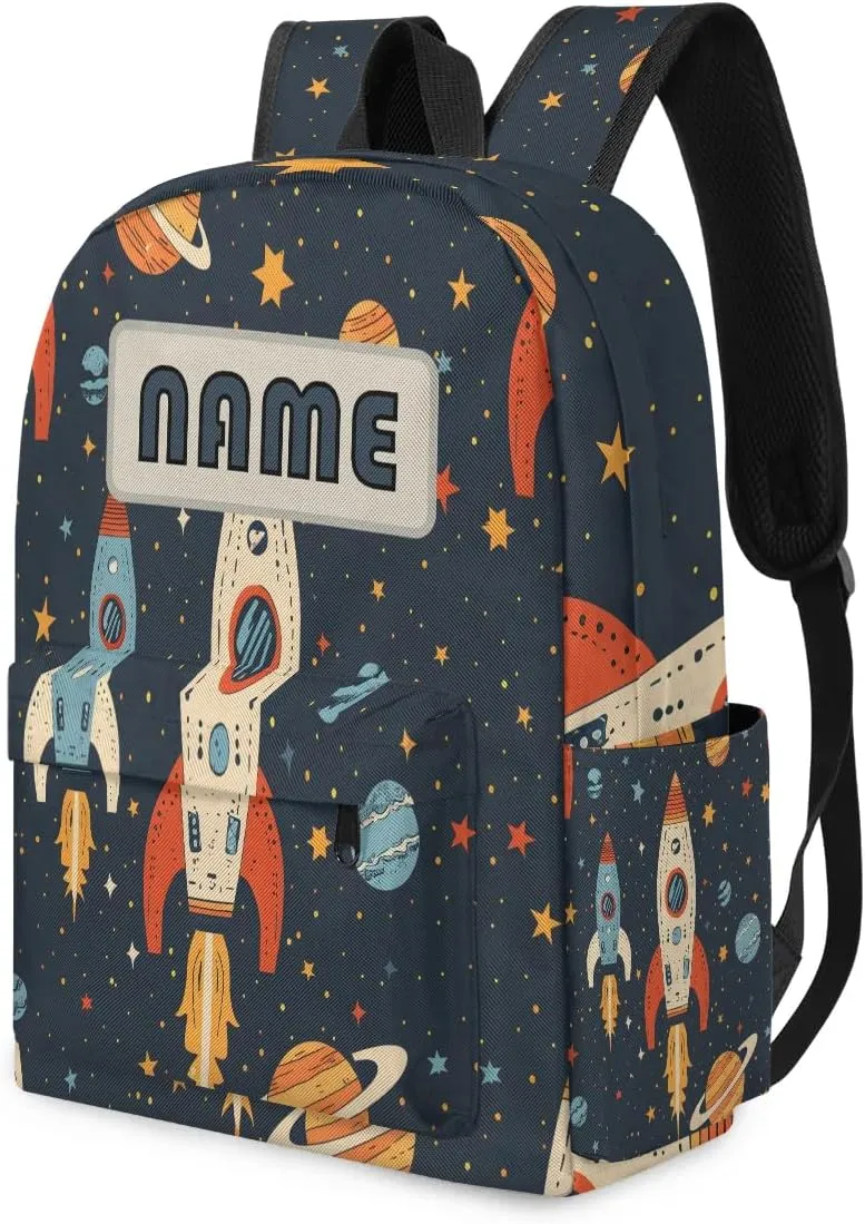 Custom Space Rockets Galaxy Backpack for Boys Girls, Personalized Schoolbag with Your Name, Bookbag for Kids Back to School Travel Picnic 15 Inch