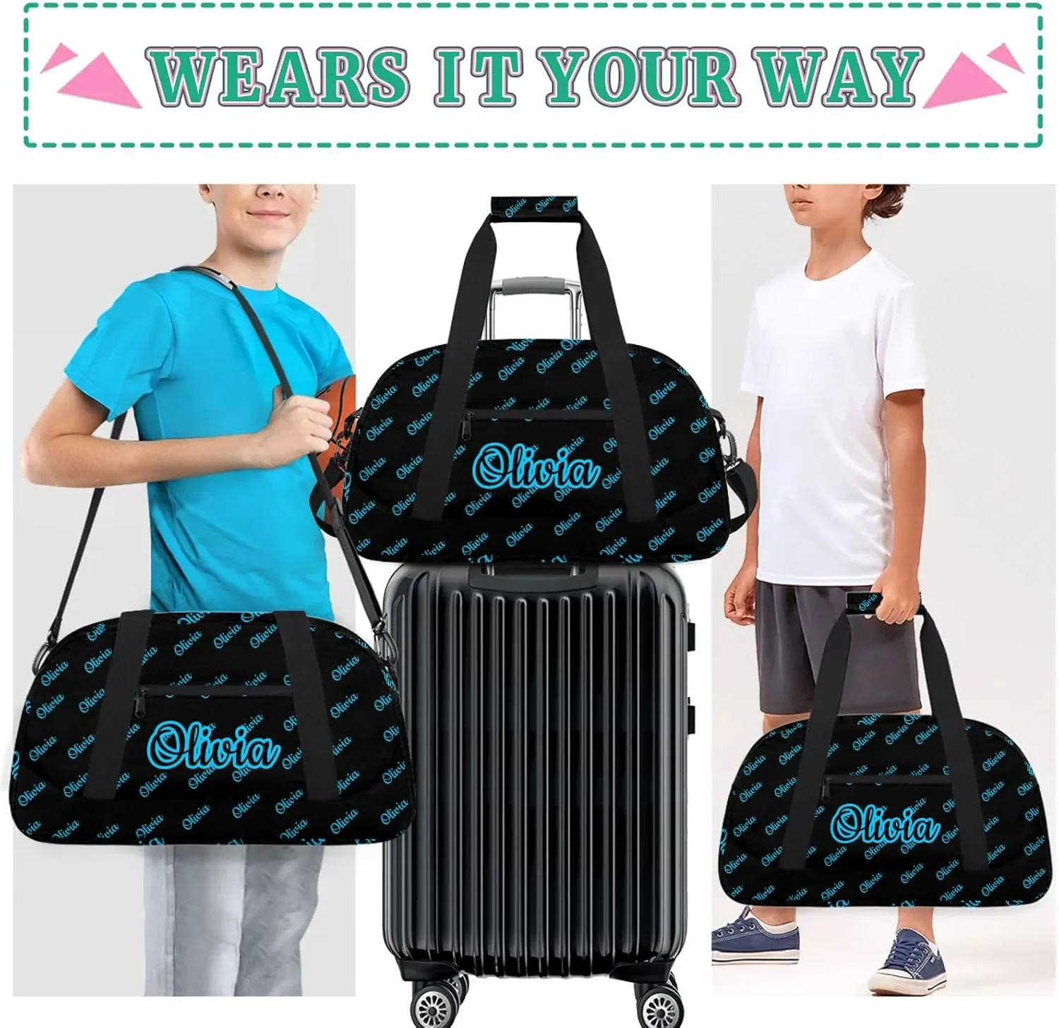 Custom Sport Duffel Bags Personalized Travel Overnight Bag Waterproof Dance Bag Lightweight Carry-On Tote for Women Men 18.9in, Black Blue