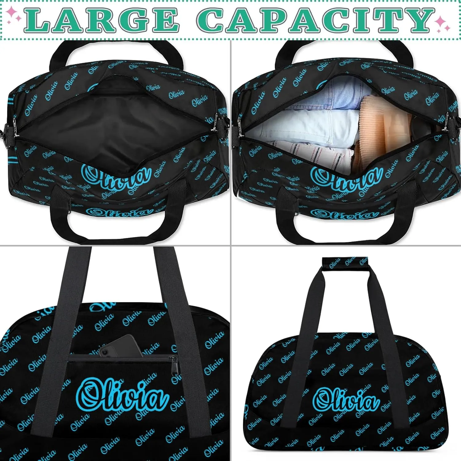 Custom Sport Duffel Bags Personalized Travel Overnight Bag Waterproof Dance Bag Lightweight Carry-On Tote for Women Men 18.9in, Black Blue