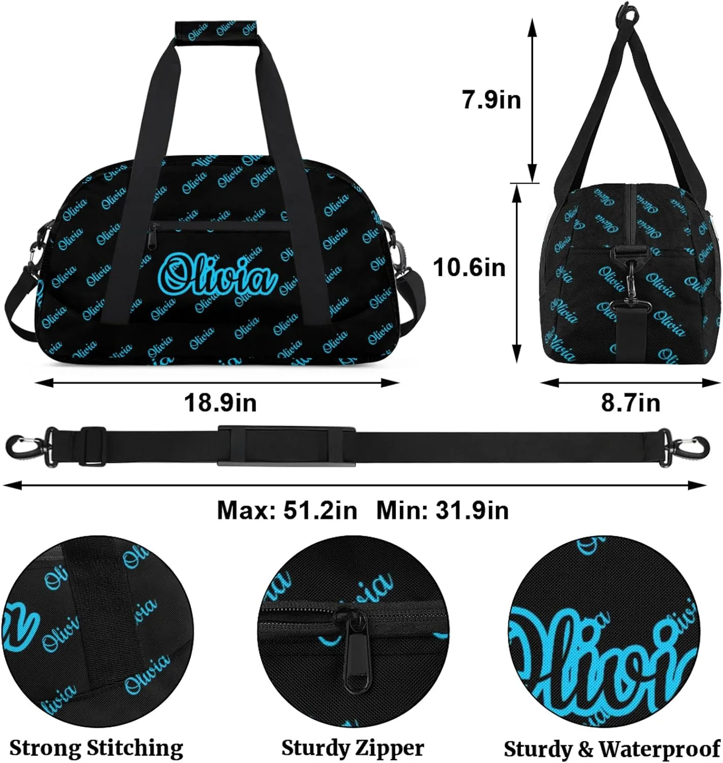 Custom Sport Duffel Bags Personalized Travel Overnight Bag Waterproof Dance Bag Lightweight Carry-On Tote for Women Men 18.9in, Black Blue