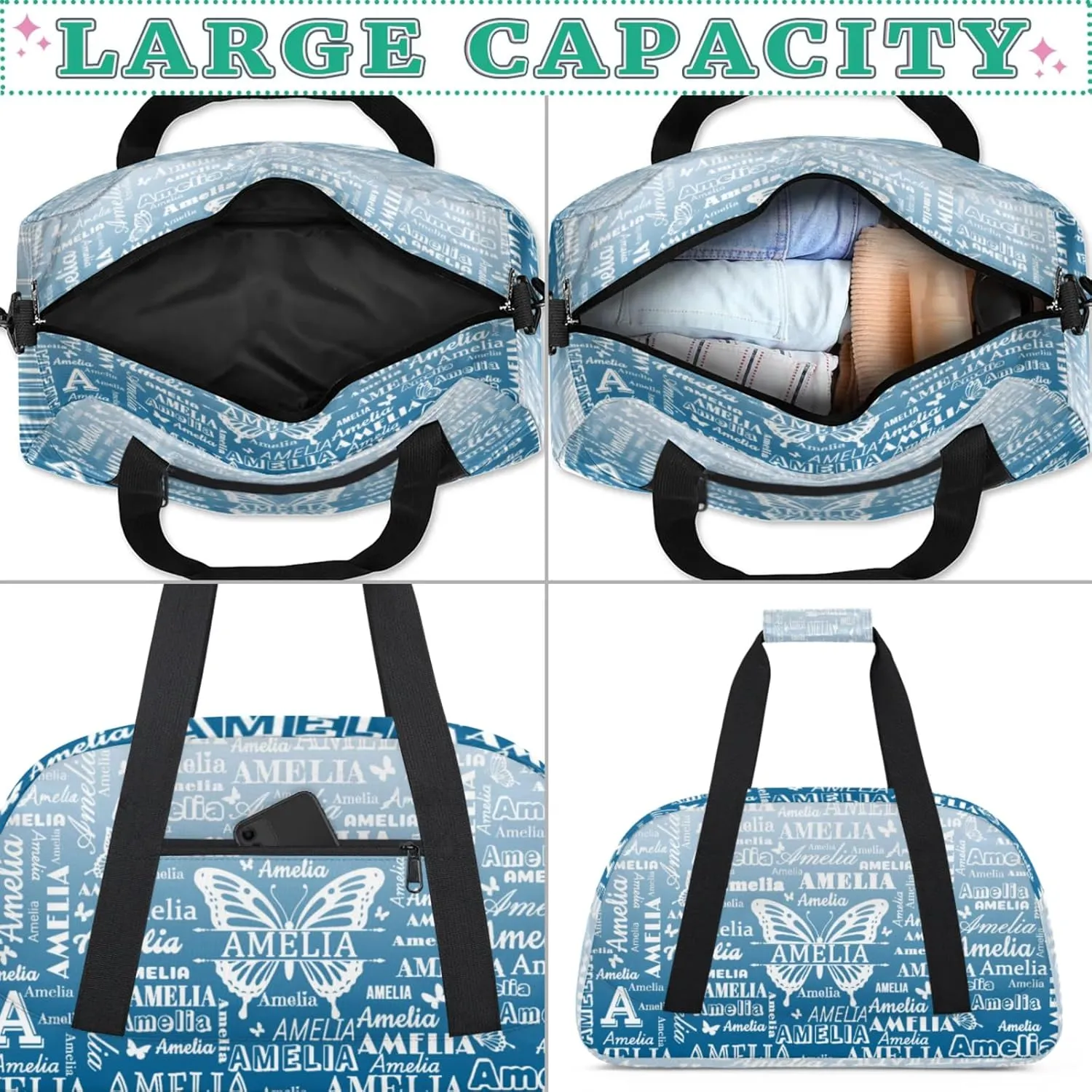 Custom Sports Duffel Bags with Name, Butterfly Personalized Gym Bag Customized Travel Duffle Bag Overnight Carry-On Bag Weekender Bags, Blue Gradient