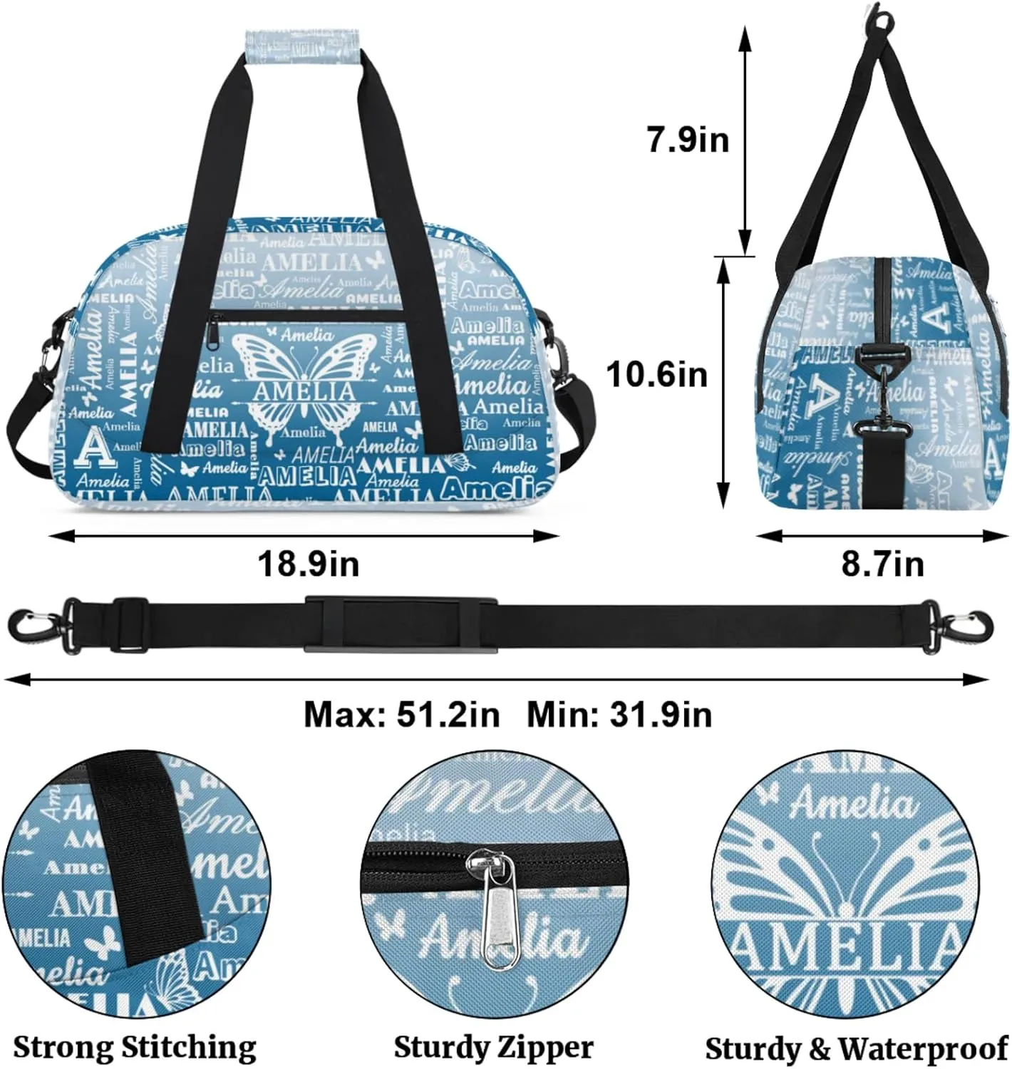 Custom Sports Duffel Bags with Name, Butterfly Personalized Gym Bag Customized Travel Duffle Bag Overnight Carry-On Bag Weekender Bags, Blue Gradient