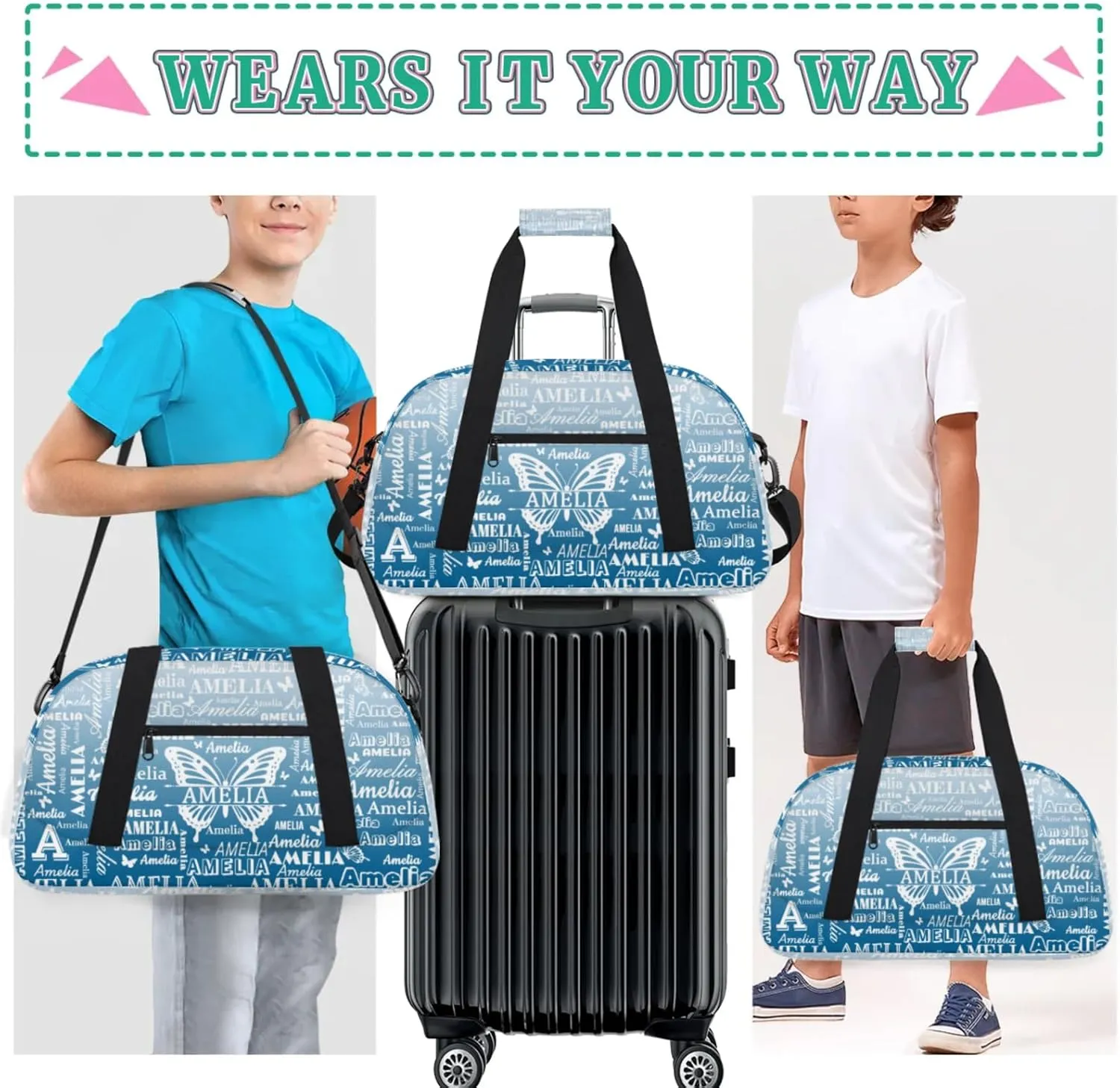 Custom Sports Duffel Bags with Name, Butterfly Personalized Gym Bag Customized Travel Duffle Bag Overnight Carry-On Bag Weekender Bags, Blue Gradient