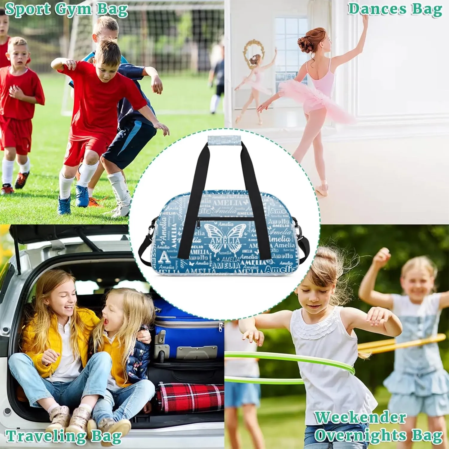 Custom Sports Duffel Bags with Name, Butterfly Personalized Gym Bag Customized Travel Duffle Bag Overnight Carry-On Bag Weekender Bags, Blue Gradient