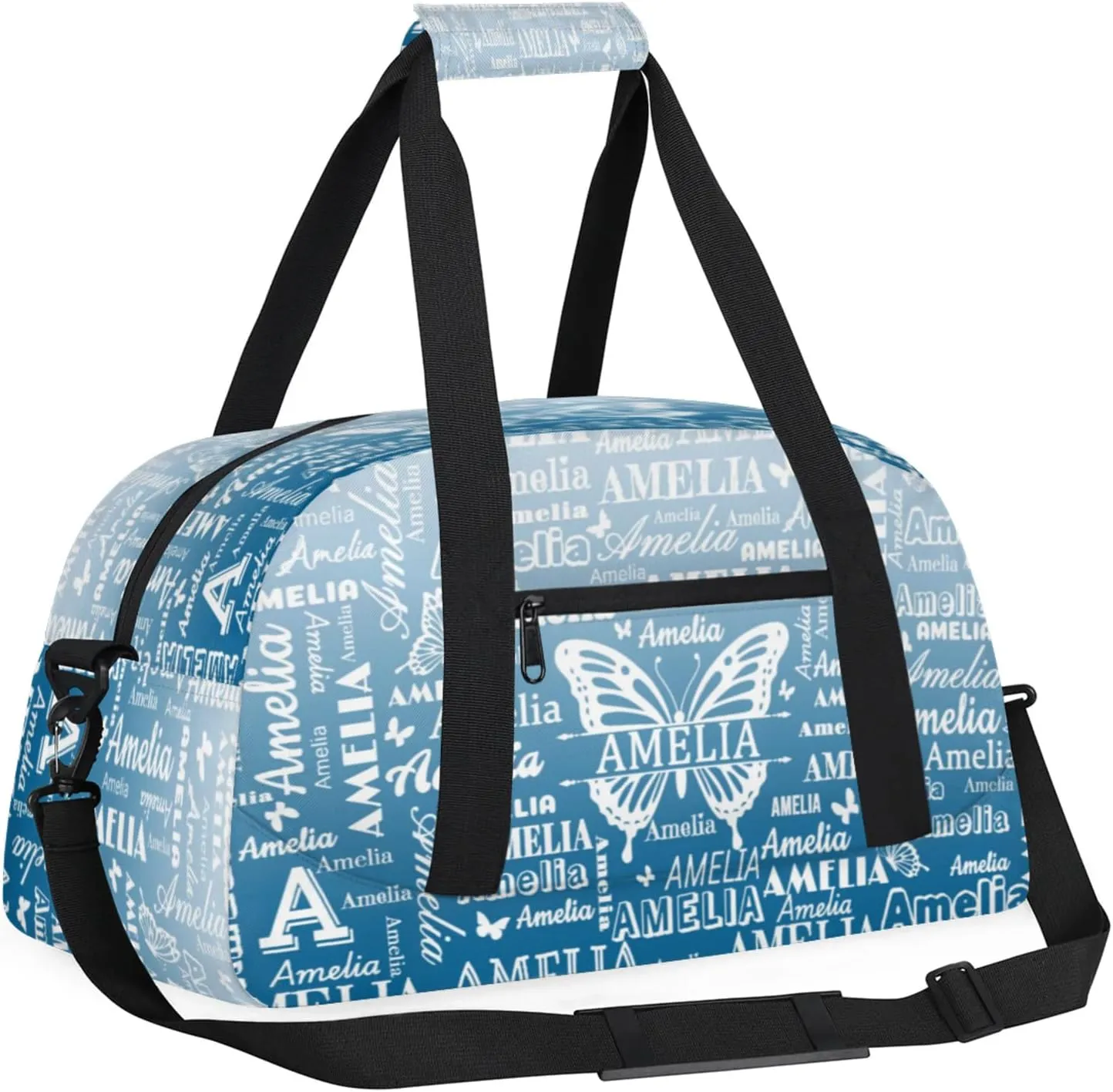 Custom Sports Duffel Bags with Name, Butterfly Personalized Gym Bag Customized Travel Duffle Bag Overnight Carry-On Bag Weekender Bags, Blue Gradient
