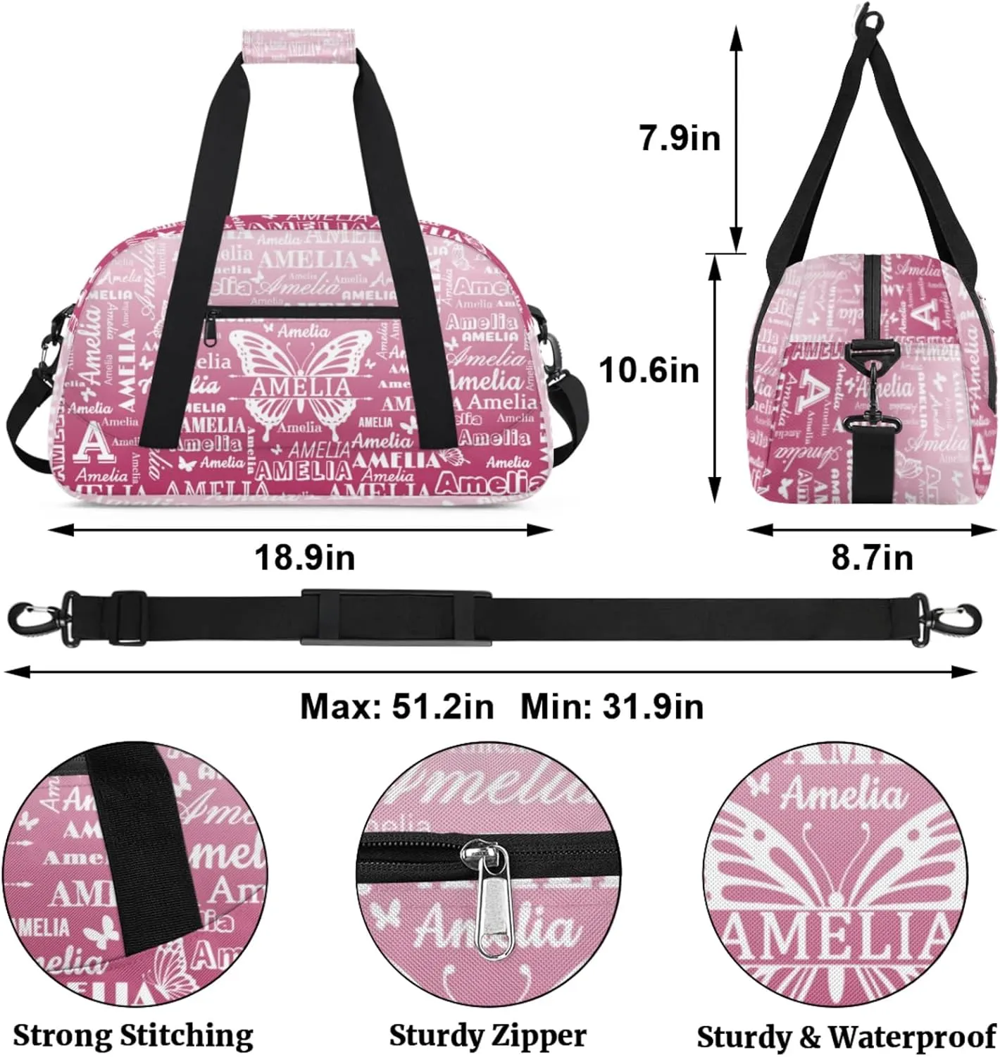 Custom Sports Duffel Bags with Name, Butterfly Personalized Gym Bag Customized Travel Duffle Bag Overnight Carry-On Bag Weekender Bags, Dark Pink Gradient