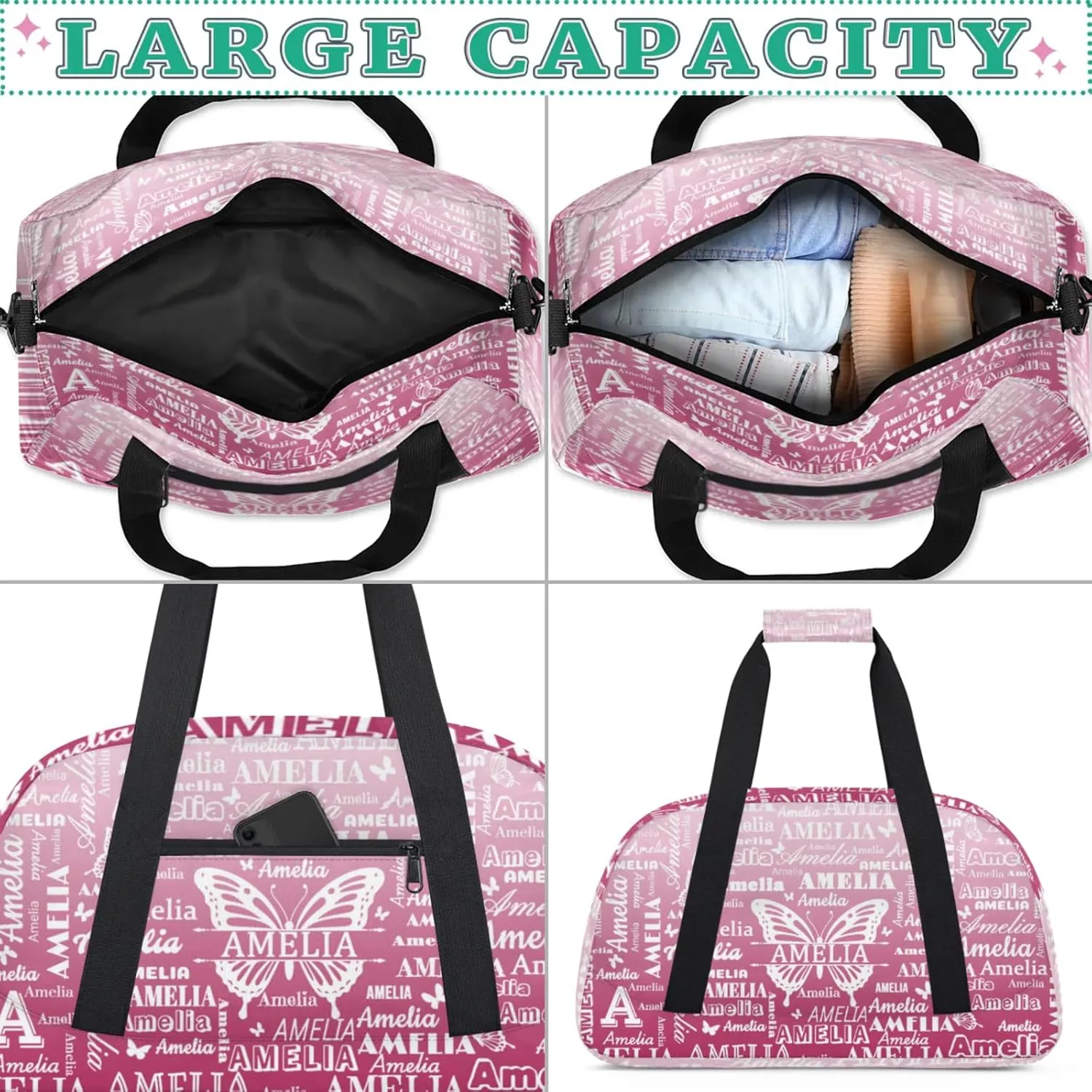 Custom Sports Duffel Bags with Name, Butterfly Personalized Gym Bag Customized Travel Duffle Bag Overnight Carry-On Bag Weekender Bags, Dark Pink Gradient