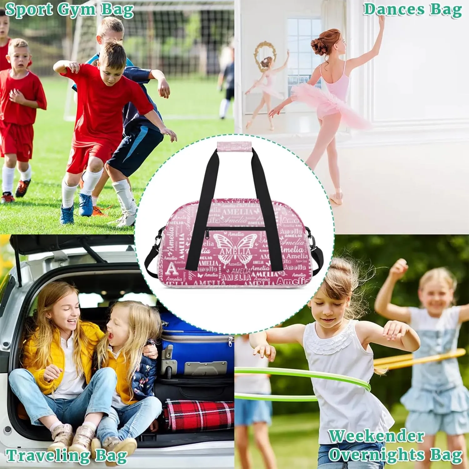 Custom Sports Duffel Bags with Name, Butterfly Personalized Gym Bag Customized Travel Duffle Bag Overnight Carry-On Bag Weekender Bags, Dark Pink Gradient