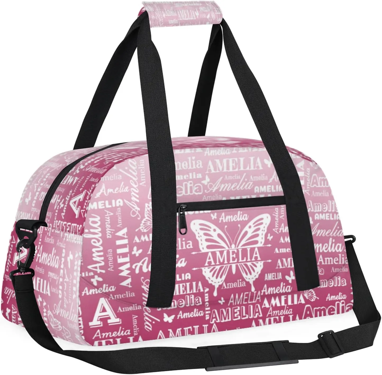 Custom Sports Duffel Bags with Name, Butterfly Personalized Gym Bag Customized Travel Duffle Bag Overnight Carry-On Bag Weekender Bags, Dark Pink Gradient