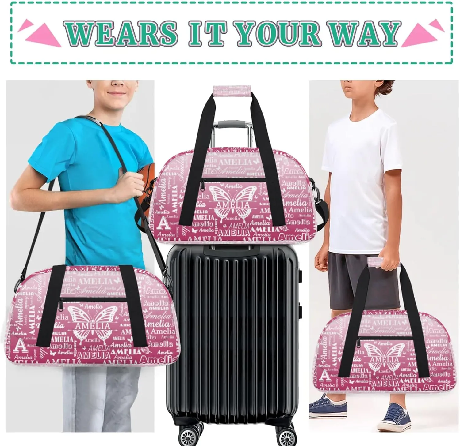 Custom Sports Duffel Bags with Name, Butterfly Personalized Gym Bag Customized Travel Duffle Bag Overnight Carry-On Bag Weekender Bags, Dark Pink Gradient