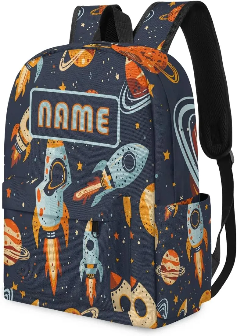 Custom Universe Rockets Backpack for Boys Girls, Personalized Schoolbag with Your Name, Bookbag for Kids Back to School Travel Picnic 15 Inch