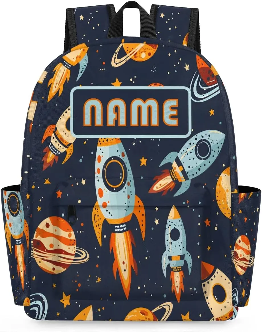 Custom Universe Rockets Backpack for Boys Girls, Personalized Schoolbag with Your Name, Bookbag for Kids Back to School Travel Picnic 15 Inch
